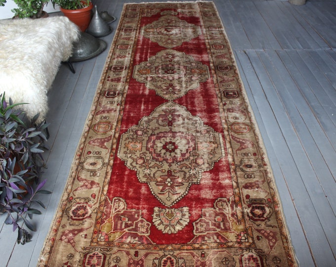 3'6"x11'3" ft  Vintage Anatolian Rug Runner, Turkish Handwoven Rug Runner, Vintage Red Rug Runner