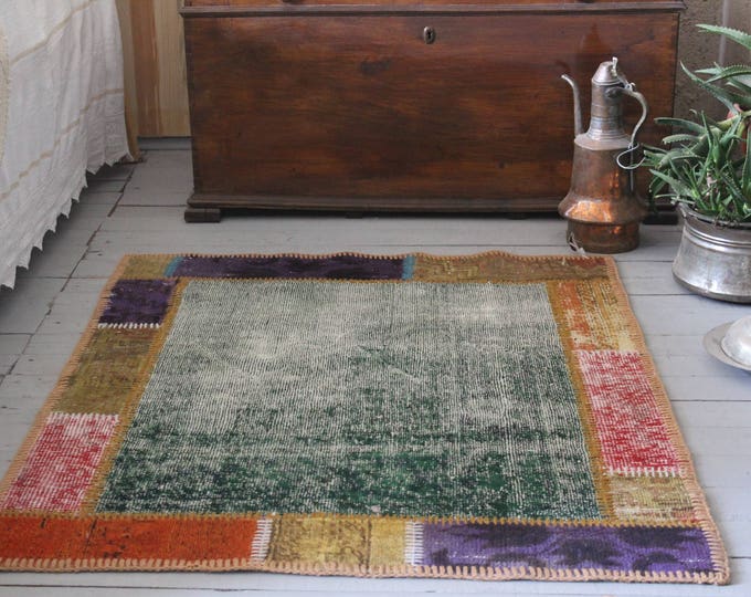 3'0"x3'9" Patchwork Rug,Bohemian Distressed Patchwork ,Low Pile Rug