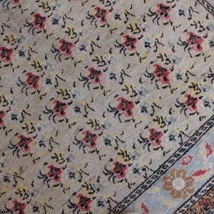 May include: A beige rug with a repeating pattern of small, stylized flowers in shades of red, pink, yellow, and black. The rug has a border with a floral design in shades of blue, pink, and brown.