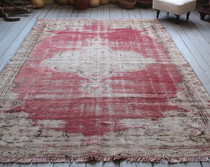 5'8"x 8'7" Vintage  Red Oushak Rug, Oriental Red Tribal Handwoven Wool Carpet, Red Medallion Distressed Low Piled Rug FRRE  SHIPPING