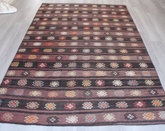Ethnic Striped Rug, Bohemian Kilim Rug, Brown Handwoven Wool Rug / B-1745 / 5'7"x8'5"