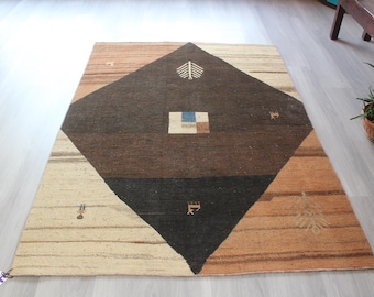 Beige-Black Gabbeh Rug, Bohemian Rug, Modern Beige Rug / B-1877 /