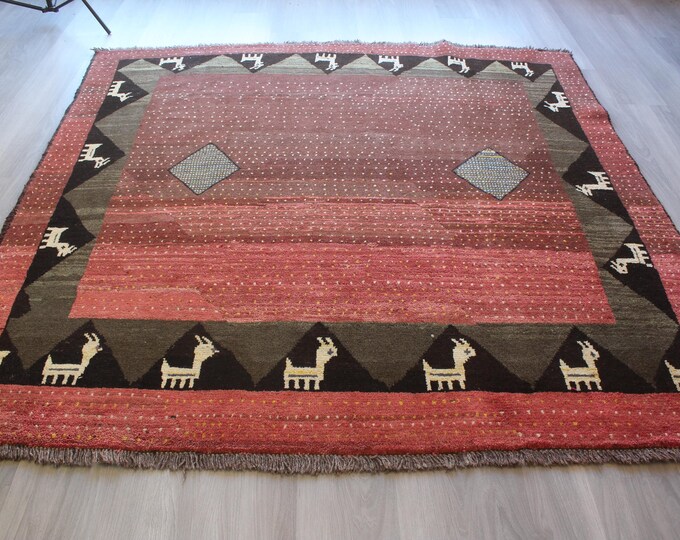 Dark Pink Square Rug , Piled Gabbe Rug, Modern Scandinavian Style Rug / B-1854 / 6'6''x6'7'' inches