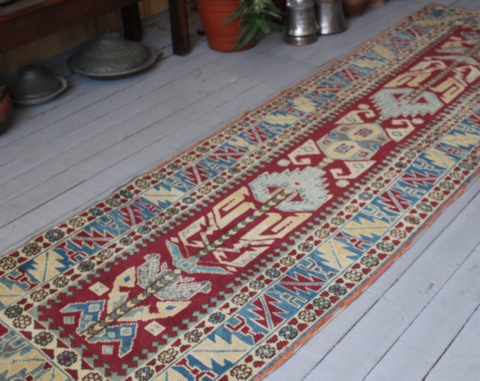 Vintage RUNNER Rug, Turkish Handwoven Wool Hallway Carpet Runner