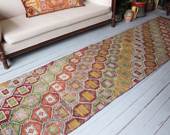 2'8"x 11'3" RUNNER,Vintage green Kilim Runner Rug, Ethnic Handmade Kilim Runner, Bohemian, Green Wool Kilim Runner Rug,Turkish Wool  Runner