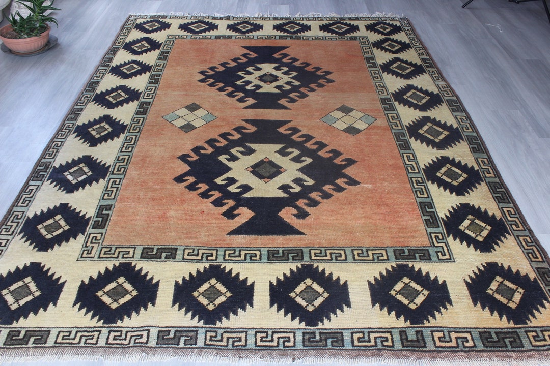 Large Aztec Design Wool Rug, Peachy Pink-blue Rug , Large Bohemian Rug ...