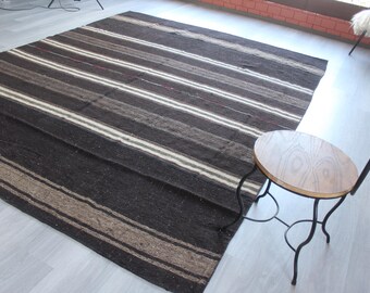 Large Striped Rug, Brown Striped Kilim Rug / N-1966 / 7'9''x10'