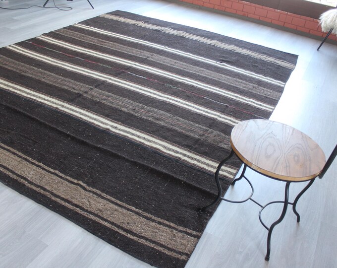 Large Striped Rug, Brown Striped Kilim Rug / N-1966 / 7'9''x10'