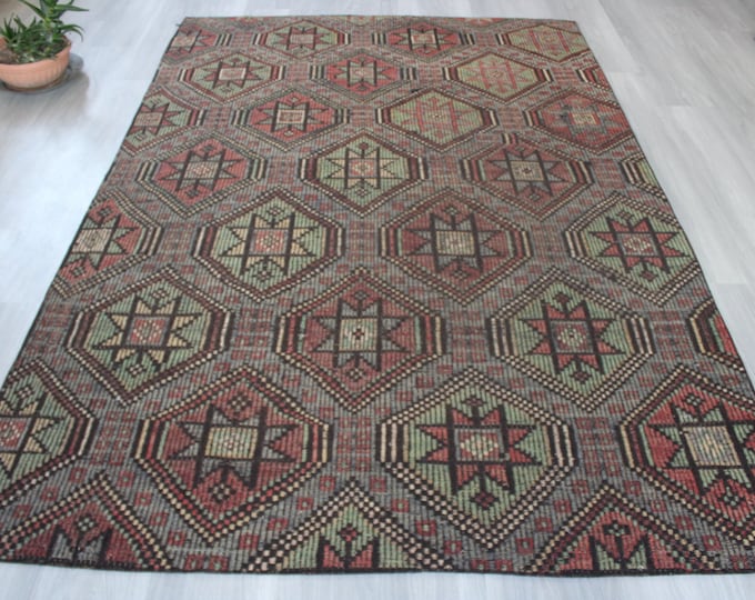 Ethnic Flat Rug, Handwoven Kilim Rug, Bohemian Style Wool Rug / B-1684  / 5'5"x8'2"