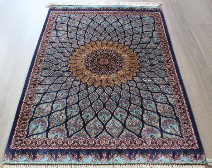 Blue Small Silk Rug , 2'x3' , Small Silk Rug, Medallion Silk Rug / B-2008 / 1'9''x3'