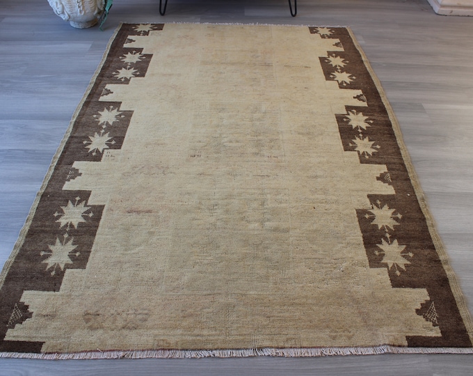 Vintage Kars Rug, Ethnic Beige Rug, Vintage Beige Rug, Bohemian Rug , Decorative Rug, Piled Wool Rug / 4'5"x6'6" feet / V-1246