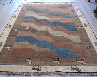 Brown Gabbe Rug, Bohemian Large Brown Rug, Rug with Horse Border / B-1865 / 7'1''x10'3''
