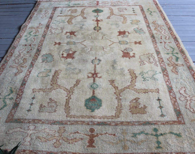 4'2"x6'3" ft  Vintage Beige-Terra Cotta OUSHAK Rug, Turkish Anatolian Oushak Rug, Bohemian Ethnic Rug