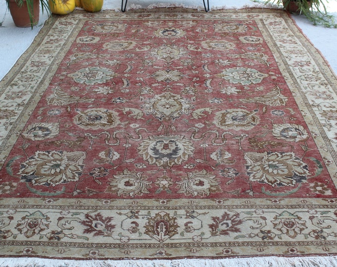 7'5"x10'7" ft  Vintage OUSHAK Rug, Large Area Rug, Large Vintage Area Rug, Beige-Terracotta Rug, Traditional Turkish Rug, Large Turkish Rug