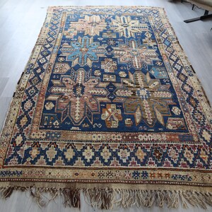 Antiek Kaukasisch ZEHUR-tapijt, antiek shirvanbeige-blauw tapijt / 4'8" x 8'8" voet / B-586