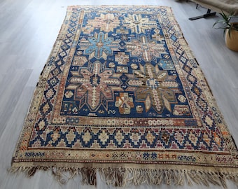 Antique Caucasian ZEHUR Rug,  Antique  Shirvan Beige- Blue Rug   / 4'8"x8'8" feet / B-586