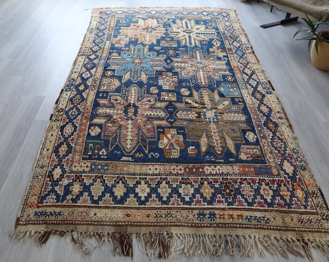 Antique Caucasian ZEHUR Rug,  Antique  Shirvan Beige- Blue Rug   / 4'8"x8'8" feet / B-586