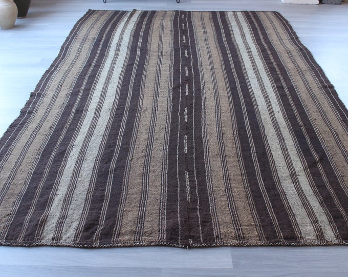 Large Kilim Rug, Ethnic Natural Wool Kilim, Striped Brown  Kilim, Striped Kilim Rug , Brown  Kellim / N-1055 /