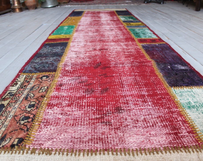 2'6"x9'6" feet PATCHWORK Runner Rug, Coloured Handmade Hallway Carpet, Red Patchwork Rug Runner