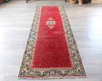 Red Rug Runner, Traditional Rug Runner, Classic Design Rug Runner / B-1836 / 2'8''x10'1''