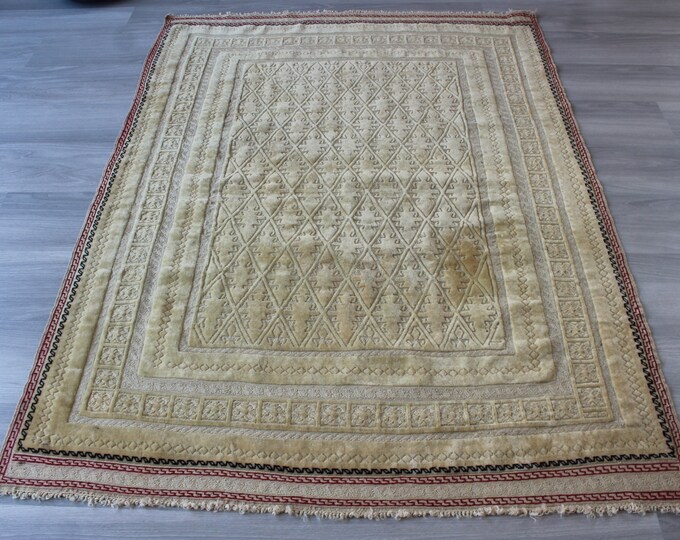 Beige Antique Oushak Rug, Beige  Area Rug , Silk and Wool Rug , Vintage Oushak Rug / B-1735 / 4'x5'5"