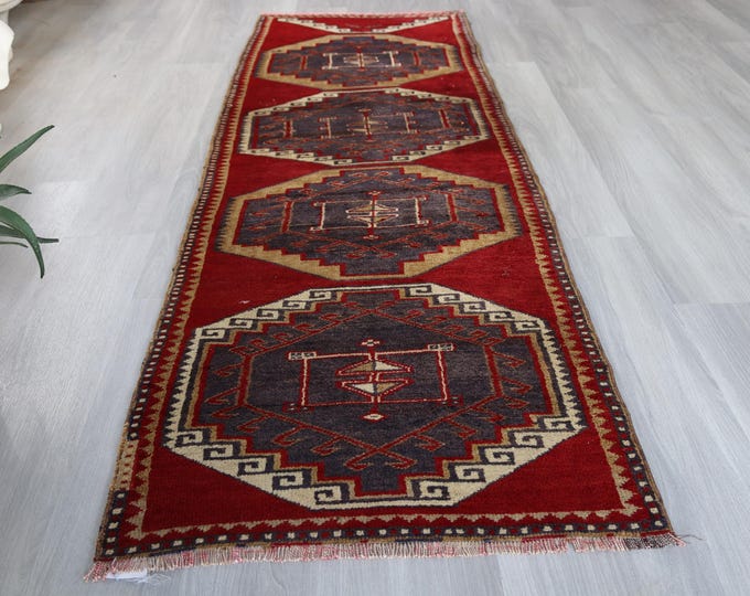 2'5"x 8'7" ft Vintage Turkish Runner,  Oushak Runner, Handwoven Wool Rug Runner, Red Wool Rug Runner