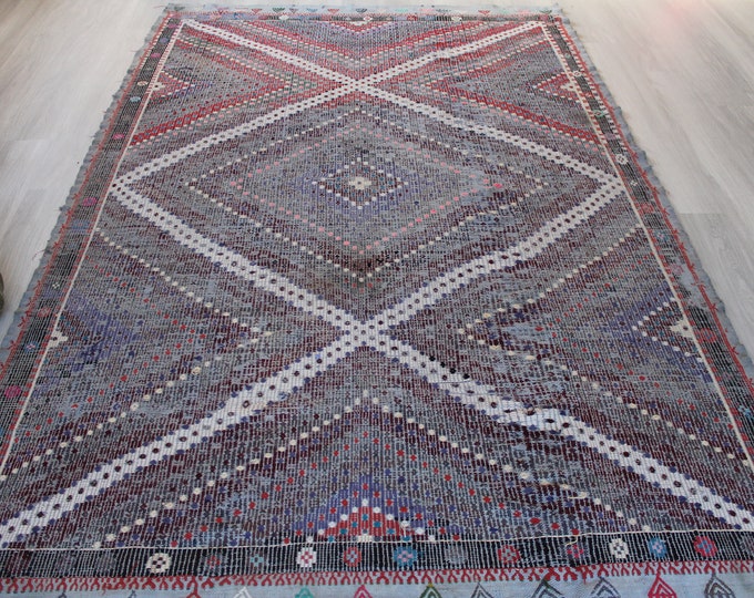 Vintage Kilim Rug , Large Ethnic Kilim, Purple-Gray Kilim Rug, Vintage Anatolian Kilim Rug / B-1358 / 6'1"x9'2" feet