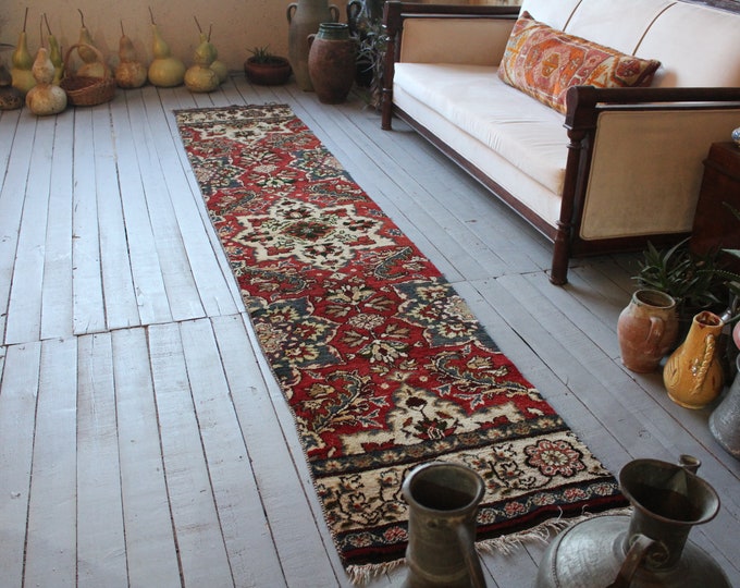 2'0"x 10'7" RUNNER Vintage Oriental Wool Rug  Runner, Floral Medallion Rug Runner,Red Oriental Rug Runner, Red Authentic Hallway rug runner