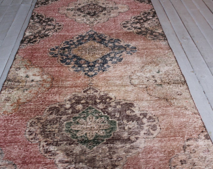 Vintage Distressed Low Piled Rug RUNNER,Handwoven Wool Rug Runner,Oriental Hallway Carpet