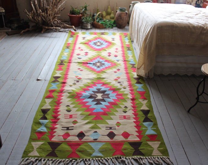 3'6"x10'8" RUNNER Diamond Design Kilim  Wide Runner, Bohemian Kilim Runner Rug,Decorative Turkish Kilim Runner