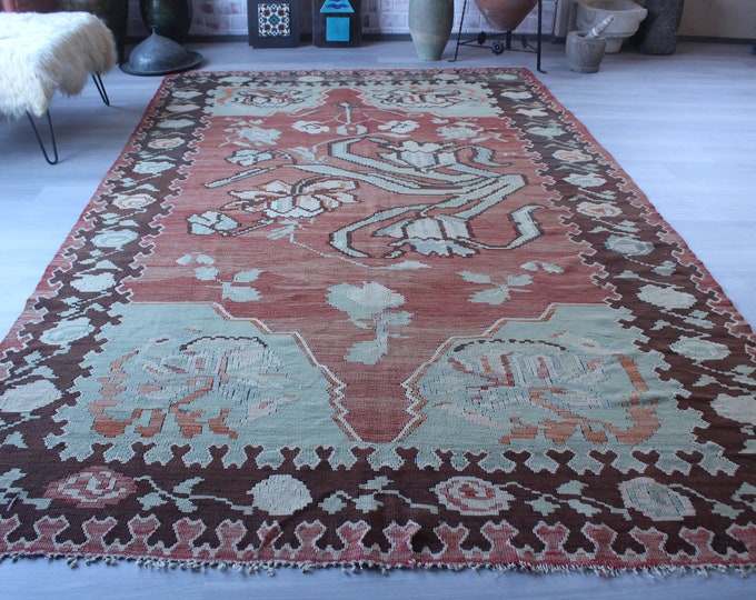 7'3"x11'4" ft  Large Vintage Kilim, Large Area Kilim, Large Turkish Kilim, Large Anatolian Kilim, Vintage Turkish Kilim