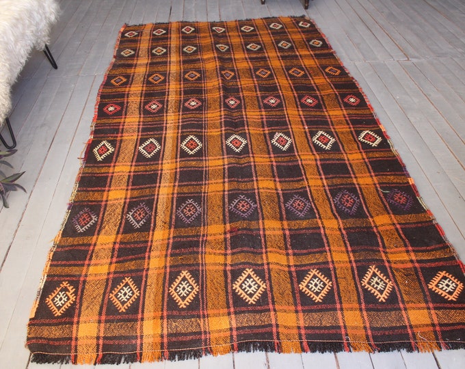 4'4"x8'1" ft   Vintage Kilim Rug, Ethnic Kilim Rug, Bohemian Kilim, Vintage Boho Style Kilim, Turkish Goat Wool Kilim