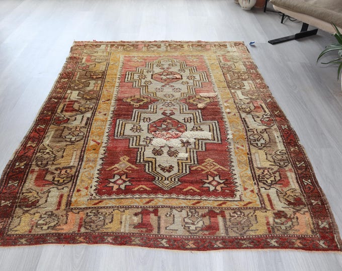 Antique Anatolian Rug, 4'2"x5'6"   BOR Rug, Ethnic Rug, Special Turkish Rug / B-612