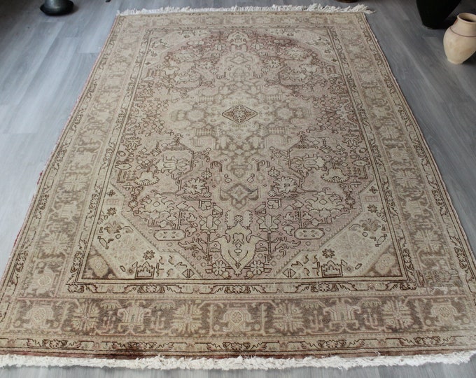 Large Beige Rug, Powder Pink-Beige Rug, Large Area Rug, Vintage Oushak Rug, Vintage Area Rug, Low Piled Area Rug