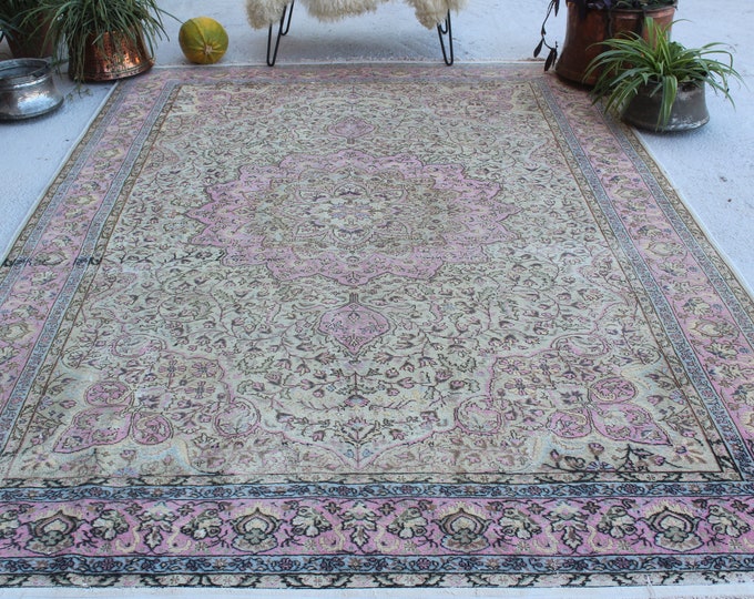 7'x10'4" ft  Vintage Pink-Beige Oushak Rug, Large Area Rug, Vintage Oushak Rug, Pink Turkish Rug,Large Vintage Rug, Large Floral Rug