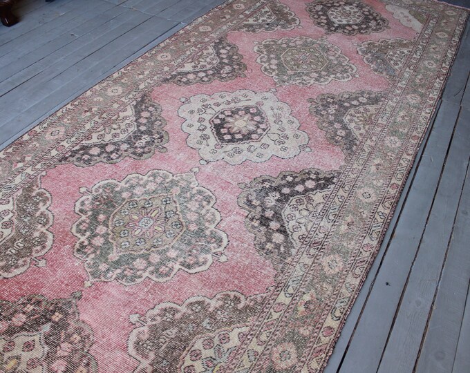 4'6"x12'7" ft  RUNNER-Vintage Rug Runner, Vintage Pale Pink Rug Runner, Wide Rug Runner, Turkish Anatolian Rug Runner