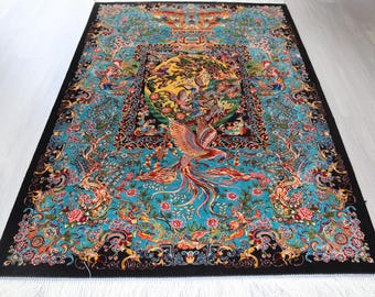 Blue Silk Rug, Botanical and Bird Design Silk  Rug,Special Handwoven Silk Rug, 3'x5' silk rugs / B-1905