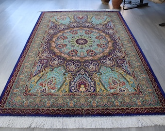 Silk Rug, 3'8''X5'9'' Silk Medallion Handwoven  Blue Rug / B-1919