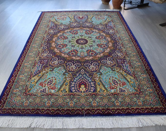 Silk Rug, 3'8''X5'9'' Silk Medallion Handwoven  Blue Rug / B-1919