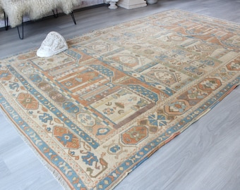 Terra cotta-beige -Blue Rug, Large Turkish Rug, Large Ethnic Rug , Large Piled Rug / B-1759 / 6'3"x10'6"