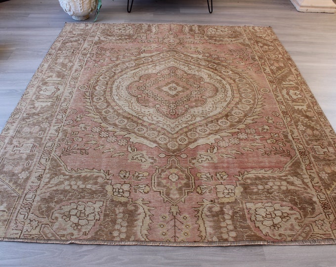 6'2"x7' feet , Beige-Pink Rug, Vintage Oushak Rug, Vintage Pale Pink Rug, Large Beige Rug, Large Area Rug, Vintage Beige Rug