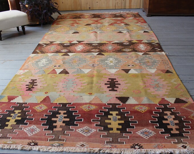 4'6"x10'0" ft Vintage Anatolian Kilim Rug, Bohemian Ethnic Nomadic Turkish Kilim Rug