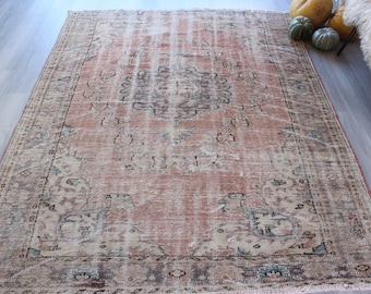 Vintage Pale Rust Colour Rug, Vintage Area Rug, Large Turkish Rug, Medallion Rug, Distressed Rug, Low Piled Rug / B-1329 / 6'2"x7'8" feet