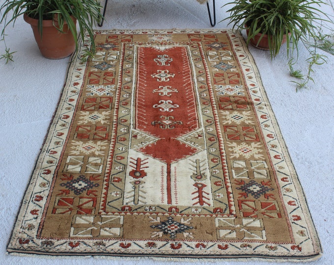 3'7"x6'3" ft  Vintage Rug, Vintage MILAS Rug, Ethnic Anatolian Rug, Turkish Area Rug, Bohemian Rug, Ethnic Area Rug, Beige- Brown Rug