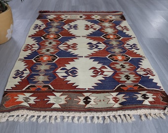 Blue-Beige Kilim, Vintage Anatolian Rug, Small Bohemian Flat Rug , 2'9''x4'3'' / K-293