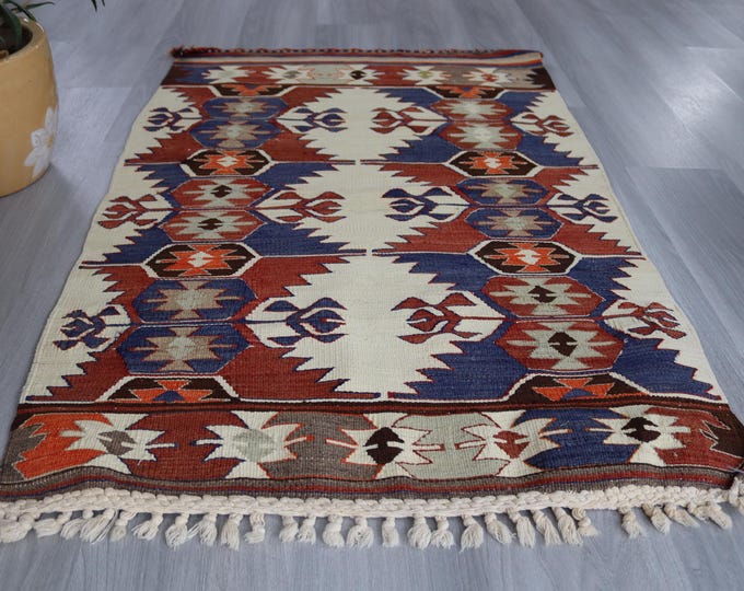 Blue-Beige Kilim, Vintage Anatolian Rug, Small Bohemian Flat Rug , 2'9''x4'3'' / K-293