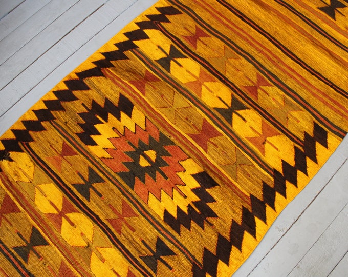 KILIM RUNNER ,Vintage Handwoven Wool Yellow Kilim Runner Rug,Bohemian Runner