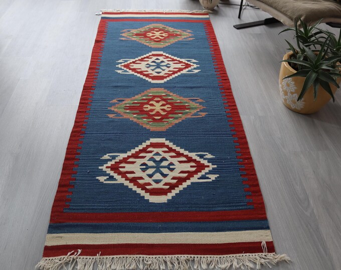 Bohemian Blue Runner , Handwoven Wool Rug Runner , 2'7"x6'7" / K-206