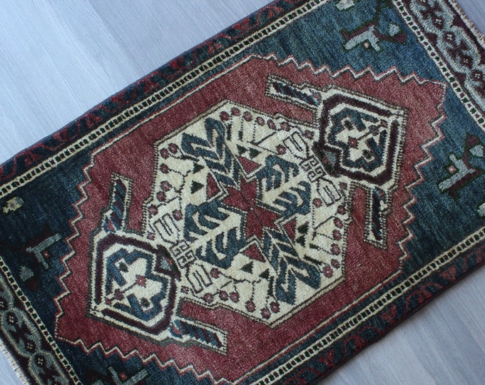 Vintage Blue Rug, Small Ethnic Rug, Ethnic Door Mat , Handwoven Door Mat / C-1442 / 1'7"x2'8"