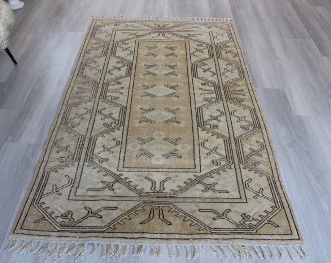 Vintage Beige Rug, Beige MILAS Rug, Ethnic Beige Rug , Handwoven Wool Rug / B-1675 / 3'8"x6'6" , Beige Anatolian Rug / B-1675 /